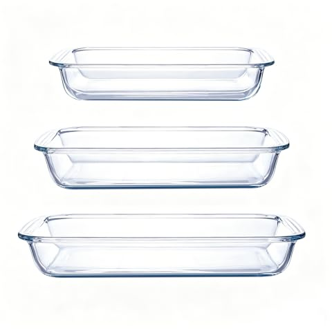 High Borosilicate Glass Baking Tray 3-Piece Set, 2.3 Quarts+1.6 Quarts+1.0 Quarts Rectangular Glass Baking Dish Container for Microwave and Oven, Suitable for Cooking, Baking Bread, Cakes and Meals