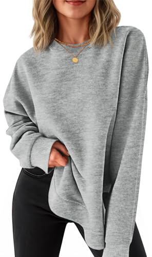 Fisoew Pullover Damen Rundhals Sweatshirts Langarm Seiten Schlitz Langarmshirts Elegant Basic Pulli Loose Tunika Tops Casual Oberteile