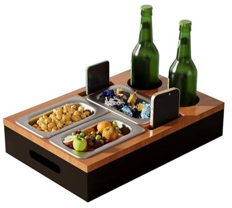 Couchbar Snackbox Personalisiert,Couchbutler,Snackspender mit Snackschale, Getränkehalter Flaschenhalter,3 Edelstahl Snackschale Getränkehalter Flaschenhalter，Organizer Tablett für Wohnzimmer Sofa