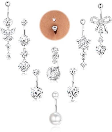 Milacolato 8stk Bauchnabelpiercing Chirurgenstahl Set Herz Blume 14G 10mm | Gold Silber Bauchnabelpiercing Ring CZ Herz Blume Schmetterling 14G Nabelpiercing Piercing Bauchnabel Lang Schmuck Set