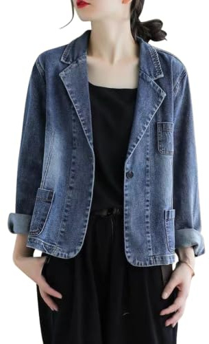 Damjeanskavaj med hakslag och en knapp i denim för kontor | Jeansblazer, Krage med spetsiga slag, Stängning med en knapp, Långärmad, Slimmad kontorsmodell