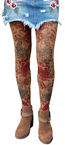 Wild Rose MUMS Damen Leggings mit Tattoo-Netzstoff, Chrysantheme, rote Blumen, hellbraun - Braun - Mittel