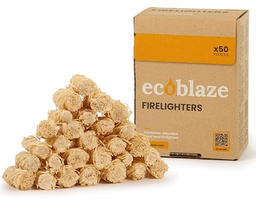 Ecoblaze Natural 50 Firelighters ​​- Fire Lighters for BBQ, Pizza Oven, Fire Pits - Wood Wool Fire Starters - Perfect for Garden Life & Camping, Safe, Clean Wax Coated Instant Firestarter