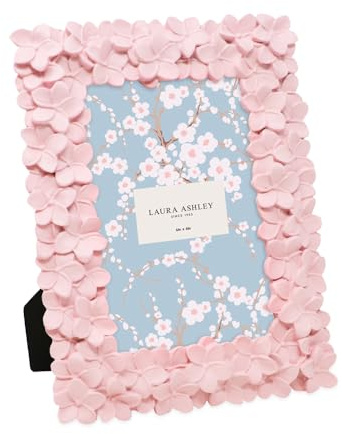 Laura Ashley 4x6 Pink Flower Textured Hand-Crafted Resin Picture Frame with Easel & Hook for Tabletop & Wall Display, Decorative Floral Design Home Décor, Photo Gallery, Art, More (4x6, Pink)