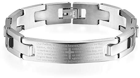 Flongo Herren Armband Männer Armreif Herrenkette, Edelstahl Armband Link Handgelenk Silber Schwarz Kruzifix Kreuz Englisch Bibel Herr Gebet Herren Accessoires