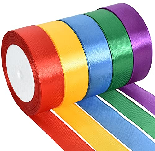 TONIFUL 5 Farben 115M x 25mm Satinband Geschenkband Schleifenband Stoffband Dekoband Stoff Bänder zum Basteln und Geschenk Verpacken, Dekoration, Blumen, Basteln, Dunkler Regenbogen（23M/pro Volumen）