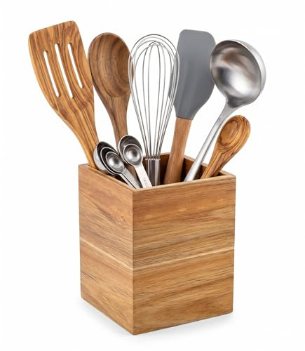 Eitida Kitchen Utensil Holder - Decorative Kitchenware Organizer Crock Stand - Solid Acacia Wood - Storage for Cutlery, Silverware, Spoons, Spatulas, Cooking Tools - Countertop Caddy - Brown