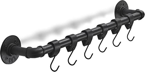 Brute Strength Garderobenstange 58 cm Schwarz mit 6 Lederriemen & S-Haken | Industrial-Kleiderstange zur Wandmontage; Edelstahlrohr, 6 Lederriemen, 12 S-Haken und Montagematerial inklusive