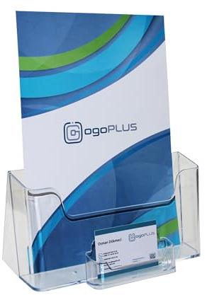 ogoPLUS DIN A4 Prospekthalter mit Visitenkartenständer, Prospektständer, Flyer-Ständer, Visitenkartenhalter Aufsteller, Werbung,Aufsteller Tisch-Prospektständer, Prospektbox