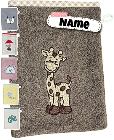 Baby Waschhandschuh personalisiert | 15x20 cm | Waschlappen Kinder mit Namen bestickt | 100% Baumwolle | Frottee | Baby Geschenke (Giraffe braun)
