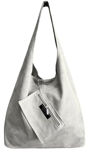 Modarno Damen Umhängetasche aus Wildleder, Pochette, Handtasche, Schultertasche, Shopper, Echtleder, hellgrau, 34 x 17 x 33 cm
