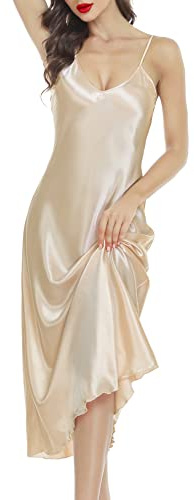Lovasy Satin Nightdress for Women UK Long Negligees Strap Chemise Silk Nighties for Women V Neck Full Slips Sleepwear Nightwear,Champagne,XXL