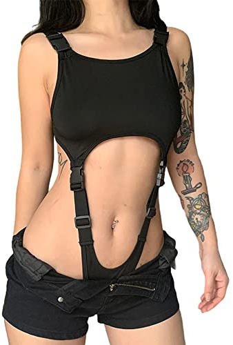 Body da donna carino giapponese sexy anime cosplay tuta babydoll punk senza maniche Teddy body top, Nero # 2, Small