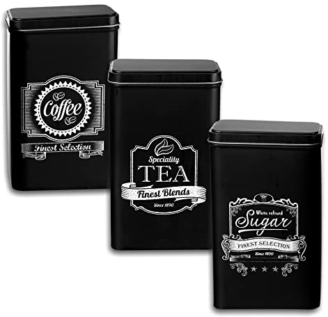hibuy Juego de 3 latas, latas de café, té y azucarero, tarros con tapa, color negro y blanco, 19 x 11 cm