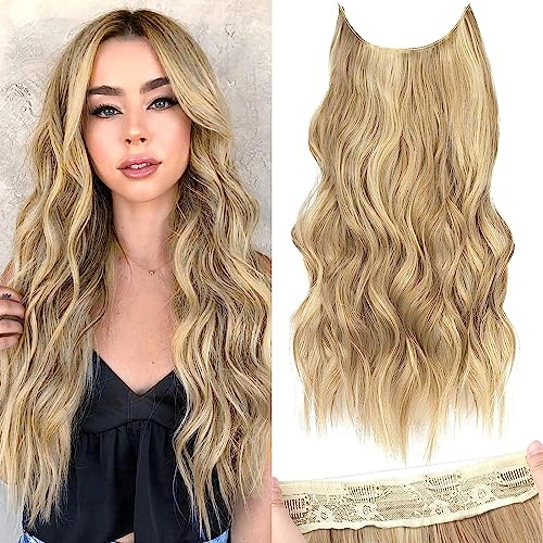 PORSMEER Secrets Haare Extensions Lange Gewellt wellen Natürliches braun mix blond Haarverlängerung mit Verstellbarem Unsichtbarem Draht und 4 Clips,Kunsthaar Haarteile für Frauen 50cm