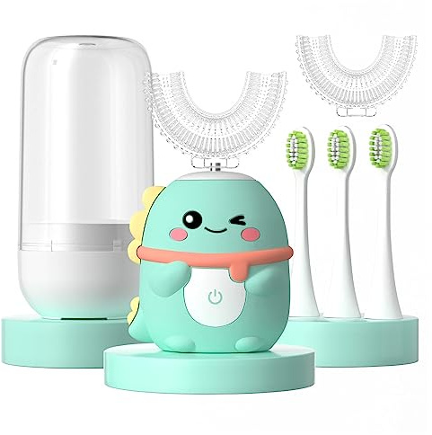 JIANLEJIA Kids Electric Toothbrush U Shaped Toddler Auto Sonic Toothbrushes with 5 Brush Head,Cartoon Dinosaur Ultrasonic Toothbrushes for Children 2-12 Years,360° Full Mouth Cleaning Automatic