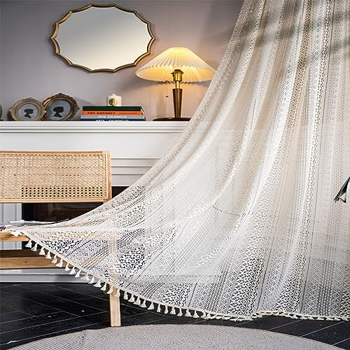 Boho Vorhänge Vintage Gardinen Landhausstil Häkeln Stricken Vorhänge,Baumwolle Leinen Quaste Transluzente Verdunklung Gardinen Wohnzimmer Luftig Dekoschal für Küche Wohnzimmer Schlafzimmer 150x240cm