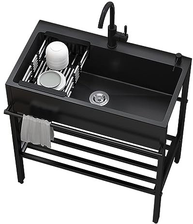 Lavandino Cucina,Nero Lavello Utilità Acciaio Inossidabile Con Rubinetto,Lavabo Autoportante Commerciale,Lavatoio Da Esterno,Lavello Cucina 1 Vasca,Lavandini Da Giardino Campeggio,Mobile Lavatoio ( Si