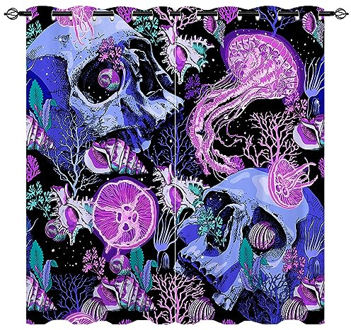 YUANZU Psychedelic Vorhänge Kinder Schädel Unterwasser Welt Quallen Korallen Shell Ösen Gardinen mit Blickdichte Vorhang Blackout Curtain Kinderzimmer Verdunkelung Fenster, 2 Stück, H 160 x B 132 cm