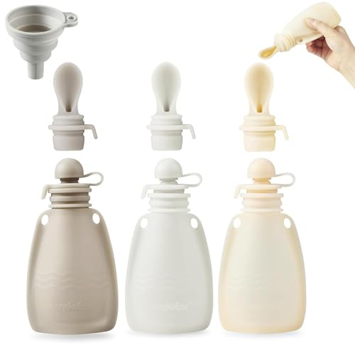 PandaEar 3 silikonpåsar för bebisar, återanvändbara med 3 skedar silikonpuré, BPA-fria matförvaringsfickor för spädbarn och barn, 150 ml
