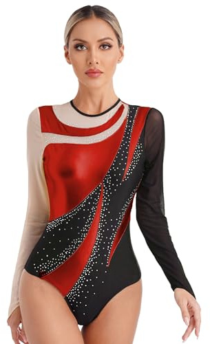 YiZYiF Maglia da Balletto Glitterata da Donna Body da Balletto Sportivo da Ginnastica con Maniche Lunghe Abito da Pattinaggio Artistico Rosso B XXL