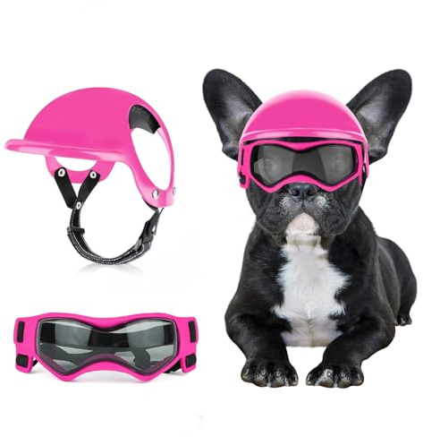 BillionChains Hundehelm mit Hundebrille für kleine Hunde – Haustier-Motorradhelm mit Ohrlöchern, verstellbaren Riemen, Sicherheitshelm für Welpenreiten – Rosa