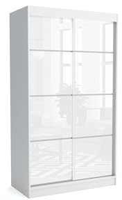 Brent - Kleiderschrank mit Schiebetüren July, 100cm Breit, Schlafzimmerschrank mit 1 Kleiderstange und Einlegeböden für Kleidung, Kleiderschrank Weiß Matt/Weiß Hochglanz