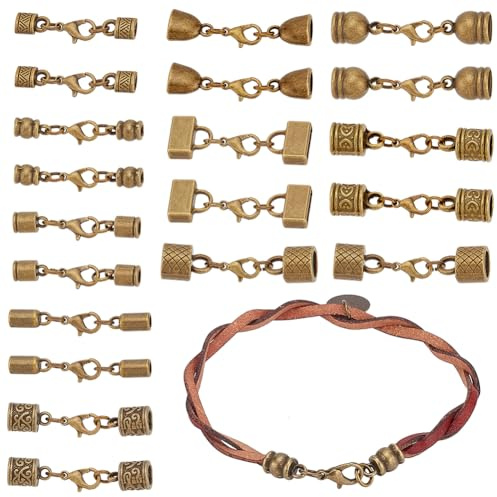 PH PandaHall 10 Arten Tibetische Endkappen Leder Kordel Endkappen Legierung Rohr Barrel End Tip mit Hummerverschluss Seilendkappen mit Ringverbinder für die Schmuckherstellung