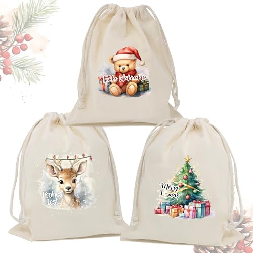 TOBJA Geschenkverpackung Weihnachten, Weihnachtssäckchen schwarz 3er Set 100% Baumwoll Beutel mit 3 Designs 25x30cm Stoffbeutel Geschenkbeutel Weihnachten & Nikolaus (Beige)