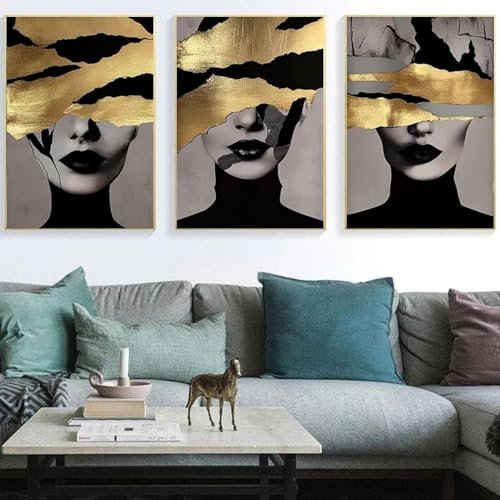 ZHAOLIN Abstrakte schwarze goldene Frau, Kunstpinselmalerei auf Leinwand, moderne elegante Frau, Poster und Drucke für die Wanddekoration im Wohnzimmer, 70 x 100 cm, 3 x rahmenlos