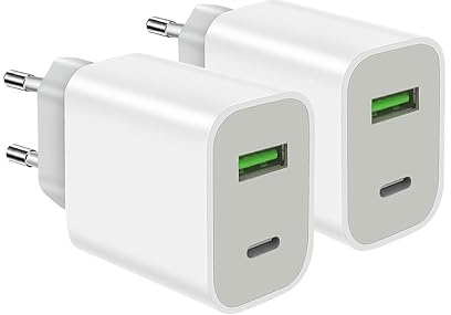 Lot de 2 Chargeurs Rapides USB C, Adaptateur Chargeur USB C 2 Ports 20W pour iPhone 17 16 15 14 13 12 11 Pro Max SE XS XR 8 Plus SE