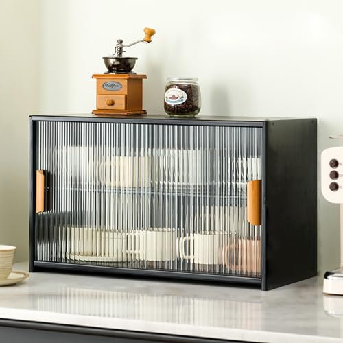 Kleines Sideboard aus Bambus mit 3 Ebenen für die Speisekammer in der Küche, Aufbewahrungsschrank für die Arbeitsplatte mit 2 Schiebetüren aus gestreiftem Glas, freistehender Esszimmerschran