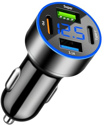 TNSLAND Adattatore accendisigario USB C a 4 porte, Caricatore con Voltmetro a LED, Doppio PD30W+QC3.0 per Tablet Android iOS Tutti gli Smartphone