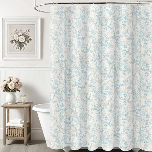 Ksriylm Rideau de Douche en Lin de Polyester Fleur Dense,Magnifique Fleurs Rideau Baignoire pour Déco Salle de Bain,180x180cm Tissu Chic Tissu Fleur Feuille Rideaux de Douche et 12 Crochet,Bleu Clair