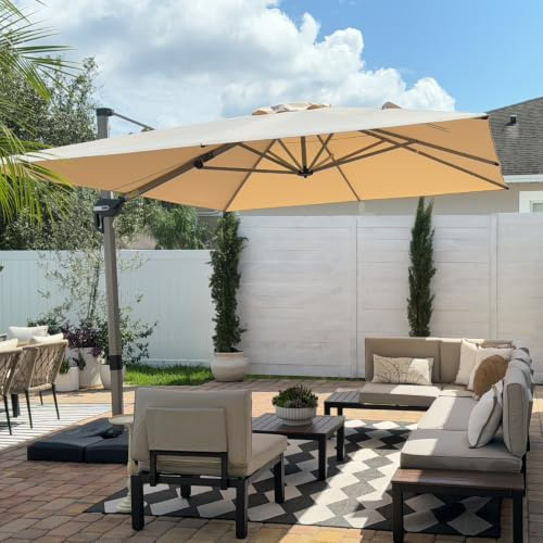 PURPLE LEAF Parasol Déporté 3 x 3 m avec Pied Rotatif 360°, UPF 50+, Beige | Disponible en 5 hauteurs, Tissu résistant aux UV et anti-décoloration，Mât : aluminium 8 cm, couleur champagne, Piscine