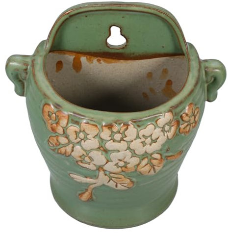 HANABASS Jardinera Colgante de Cerámica Vintage Verde para Pared, Maceta Decorativa Versátil para Plantas Artificiales y Cactus Esféricos en Baños y Jardines