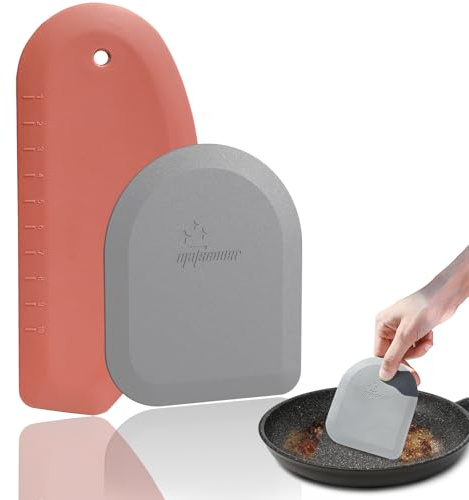 Bowl Scraper Dough Scraper Tool - Set of 2 Silicone Bench Scraper for Baking, Kitchen Pastry Scraper for Bread, Cake, Batter, cheese, Cream, Honey, Jam, Food Scraper with Curved Edge, Red & Grey