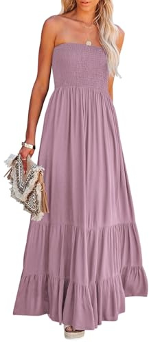R.Vivimos Estate Donna Senza Spalline Bandeau Shirred Boho Maxi Vestito Abito Lungo da Spiaggia(XL,DustyPurple#2)