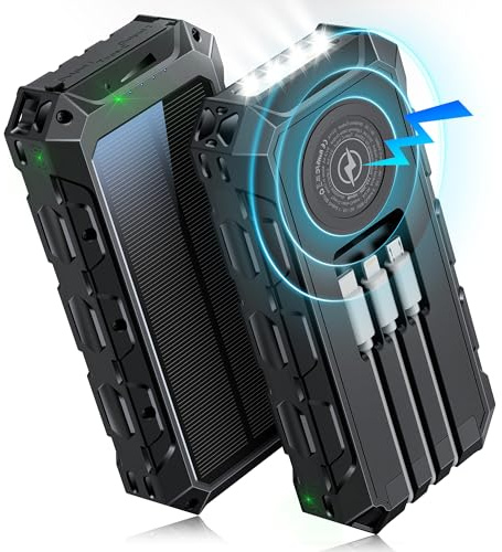 Power Bank 49941 mAh, Batterie Solaire sans Fil, Chargeur Rapide Portable avec câble intégré, 7 Sorties/2 entrées, avec Lampe de Poche/Affichage LED pour Smartphone