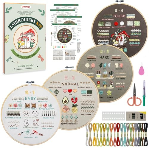 Dazhqp Embroidery Kit for Adult Beginners, 4-Pack Embroidery Starter Kit Including 38 Stitches Learning Step-by-Step Guide and Video, Pre-Patterns, Threads, Needles and Hoop, Craft Kits for Adults