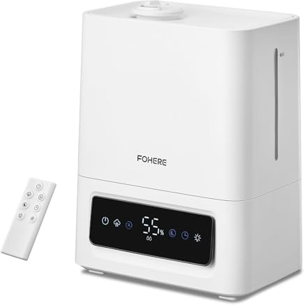 FOHERE Humidificateur D'air Chambre 6L, 60H Fonctionnement, 28dB Ultra-Silencieux, Humidifier pour Grandes Pièces, Chambre, Bébé, Capteur d'Humidité, Minuterie 16H, Veilleuse, Diffuseur d'Huiles