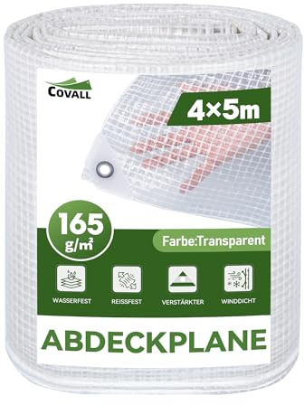 COVALL 4m x 5m Clear Tarpaulin Waterproof Heavy Duty, 165GSM Reinforced Transparent Tarp with Mesh Support Rubber Strengthened Corners - Tear-resistant Cover for Outdoor Garden Greenhouse Groundsheet