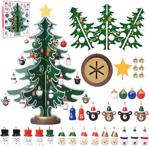 Mini Albero di Natale, Mini Albero di Natale da Tavolo in Legno Set di Giocattoli Natalizi, con 18 Mini Ornamenti Natalizi e 1 Cima Dell'albero, Decorazioni da Tavolo Regalo di Natale