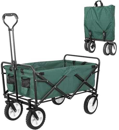 Folding Trolley with Wheels, 80kg Collapsible Wagon Cart, Heavy Duty Outdoor Utility Shopping Trolley for Camping, Garden, Beach, Picnic & Festival Use (Green)