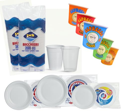 RFD Stoviglie per Feste 340 Pezzi, Set Completo con 40 Piatti Piani, 40 Piatti Fondi, 25 Piatti Dessert, 192 Bicchieri 200cc Bianchi, 50 Bicchieri Caffè 75ml, Plastica Riciclabile - Eventi Party