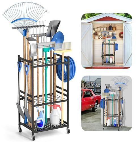 BEOSIOR Garden Tool Storage Rack, 3 Tier Metal Shed Storage Organiser with 3 Hooks, Heavy Duty Garden Tool Holder Organiser and Storage Solutions for Garage, Yard, Patio, Indoors Outdoors, Black
