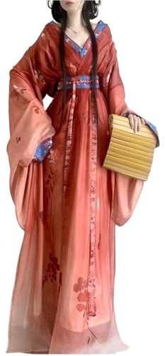 Kvinnors urgamla kinesiska Hanfu-klänning Lila Gradient Wei Jin-stil Flytande bred ärm med blommigt tryck Robe Fullt set for festival Cosplay-fotografering(Red set,XL)