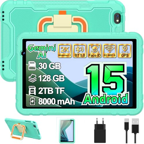 Tablet niños 10 Pulgadas Android 15 con Gemini AI 30 + 128GB (TF 2TB), Octa-Core, GPS, 5G WiFi, Widevine L1, 8000mAh, Control Parental, Protective Antichoque Eva + Soporte giratorio de 360° -Verde