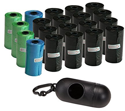 Aogolouk 300 Stück Premium Hundekotbeutel, Biologisch Abbaubar, Auslaufsicher, mit Beutelspender und Leinenclip, 20 Rollen mit 15 Kotbeuteln Pro Rolle (15 schwarz, 3 grün, 2 blau)