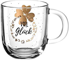 Leonardo Emozione Geschenk Tasse viel Glück, 1 Stück, spülmaschinengeeignete Glas-Tasse, Tee-Tasse mit Kleeblatt Motiv und Schriftzug, 400 ml, 046452